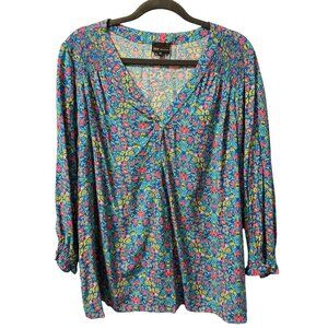 Jones New York blouse Sz 2X Floral Rayon Blue & Pink Blouse